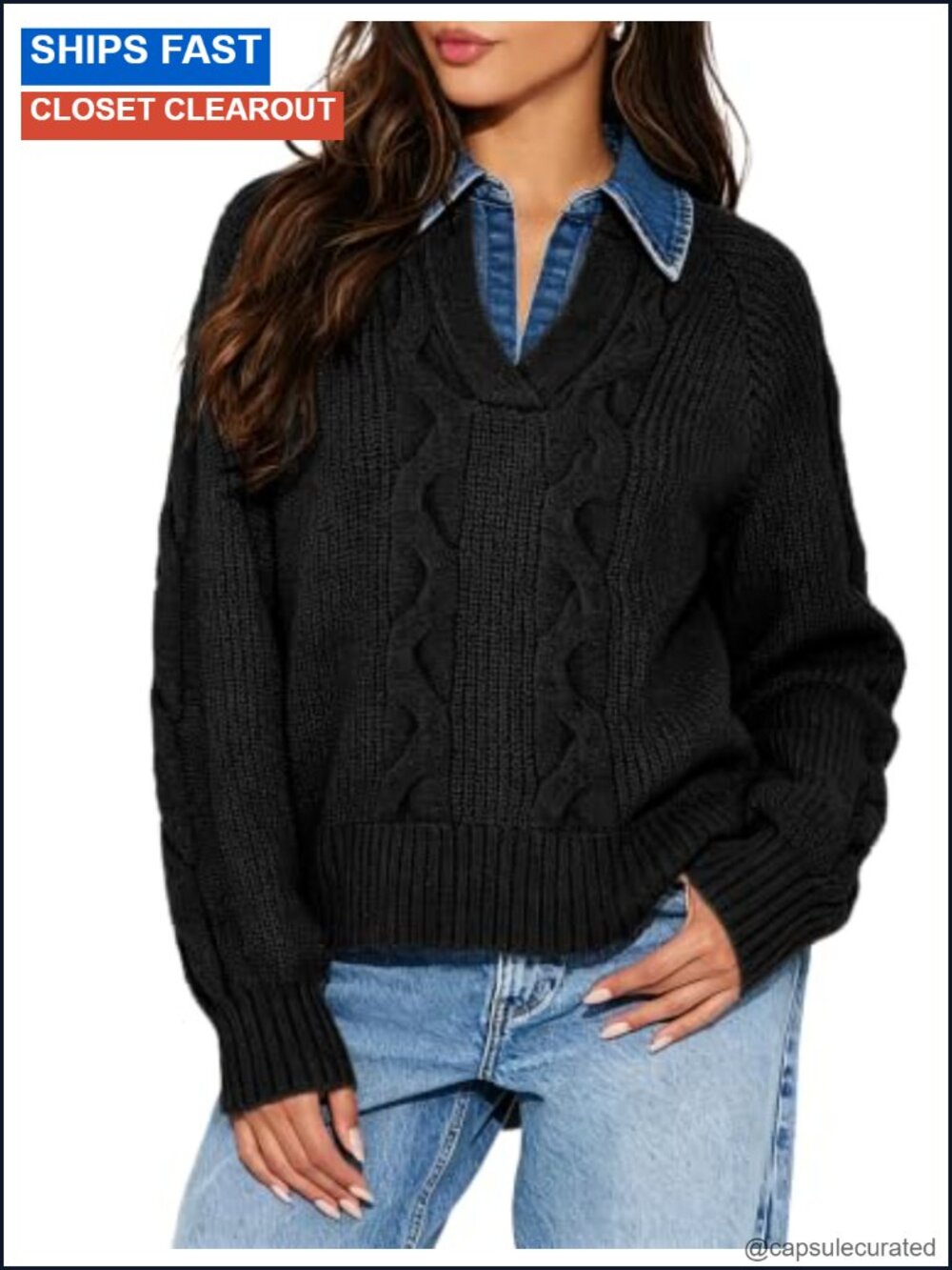 Oversized Chunky Cable Knit Sweater Women Denim Collar V-Neck Long Sleeve